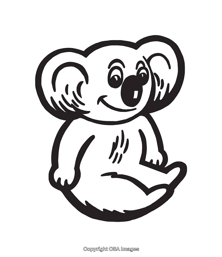 Black And White Line Art Illustration of a Cheerful Cartoon Koala
