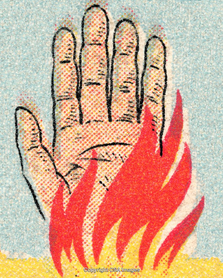 Hand Illustration with Flames Depicting Intensity and Energy in Retro Style