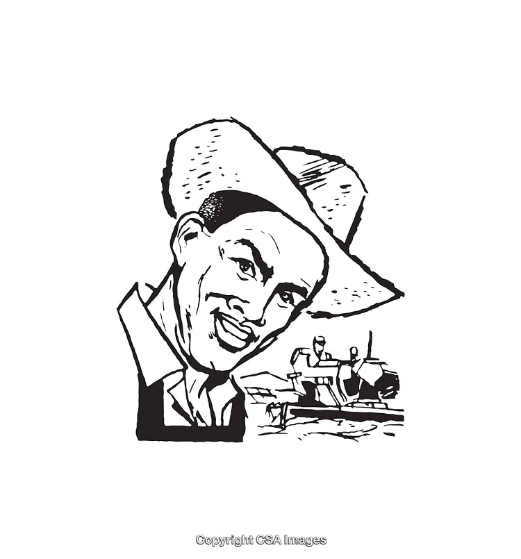 Black and White Line Art of a Farmer With a Hat