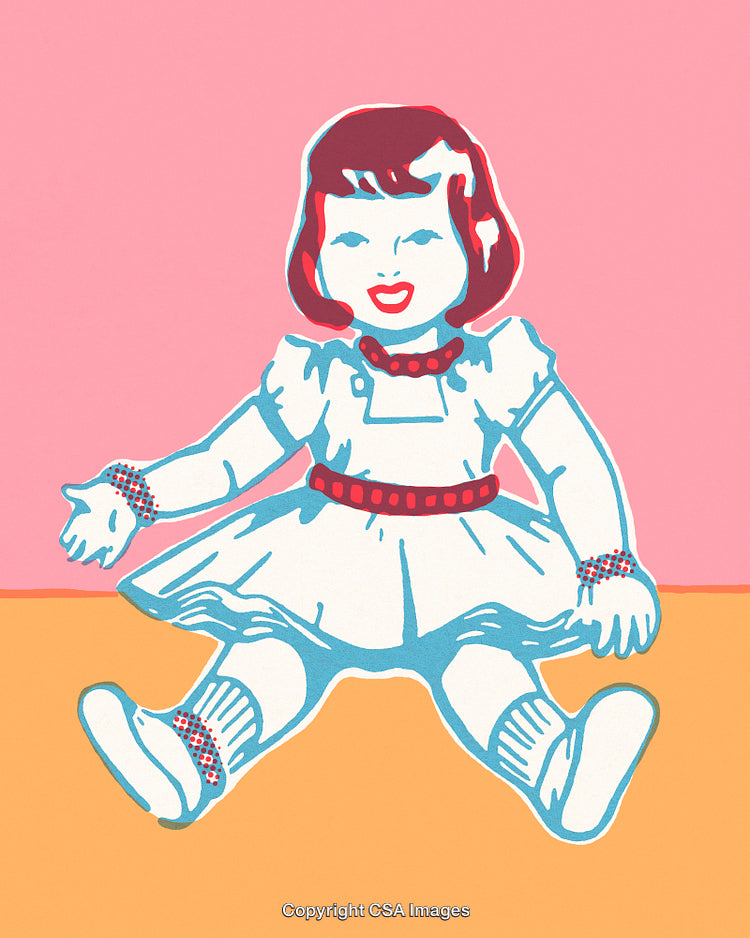 Colorful Illustration of a Vintage Doll on Bright Multicolored Background