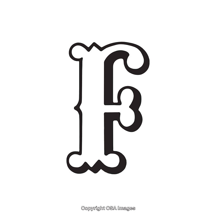Decorative Letter F in Ornate Font Extended in Black and White