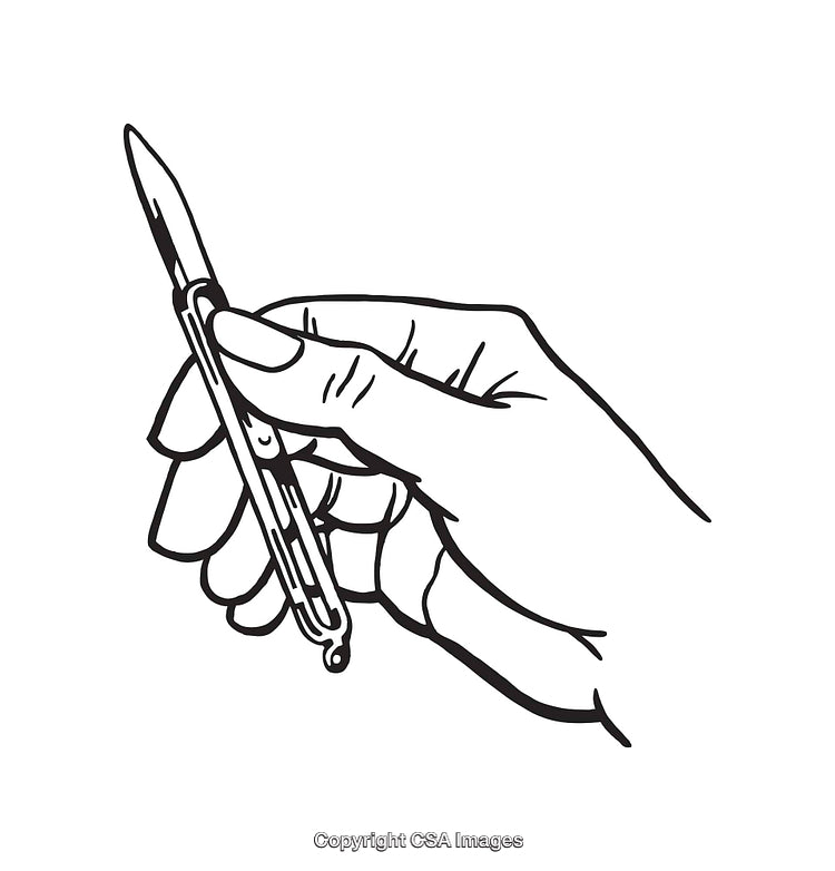 Hand Holding Scalpel in Detailed Black and White Line Art Illustration