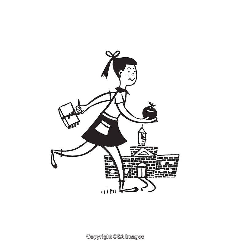 Black-and-White Line Art of Girl Carrying Items Near School