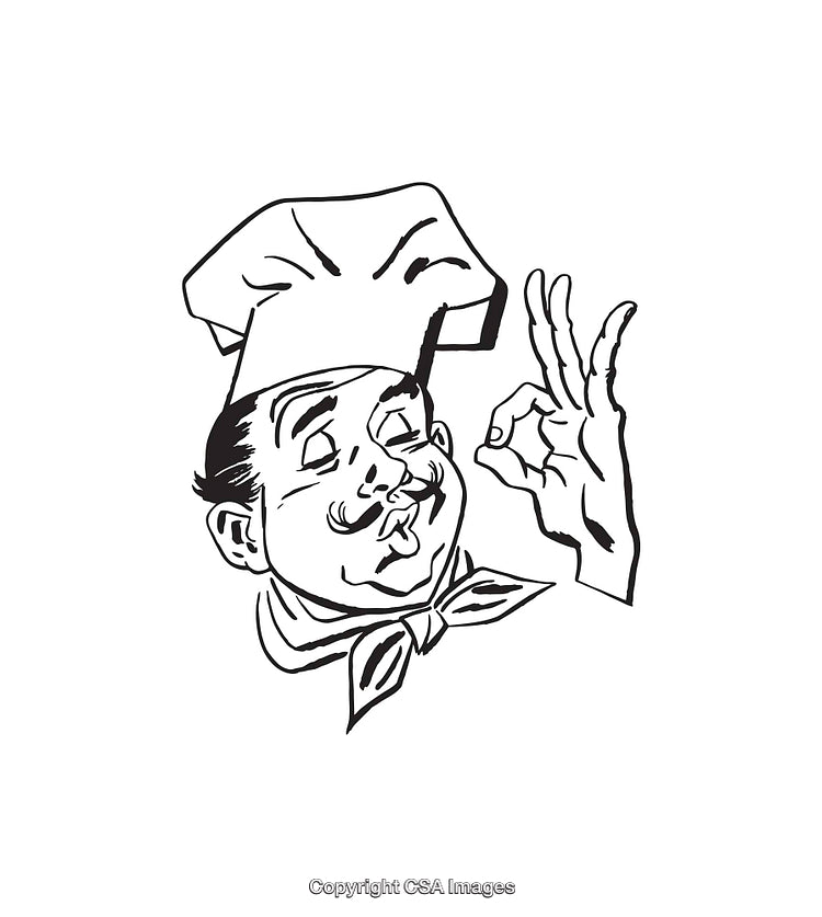 Chef Illustration Indicating Approval with Classic Hand Gesture in Black and White