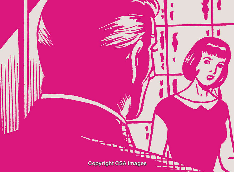 Retro Comic Style Scene with Two Characters in Vibrant Pink and White
