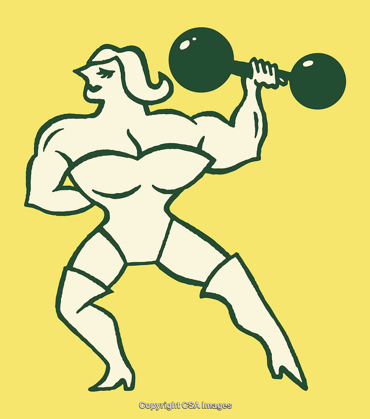 Muscular Female Bodybuilder Lifting Dumbbell in Dramatic Yellow Illustration