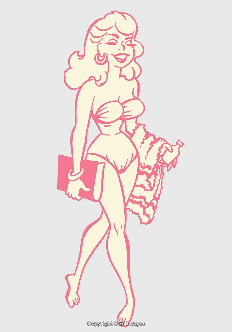 Colorful Retro Line Art Illustration of a Smiling Pin-Up Style Woman
