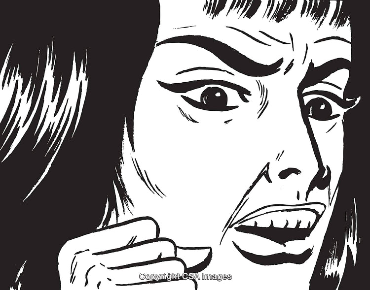 Black and White Illustration of a Woman Expressing Shock or Fear