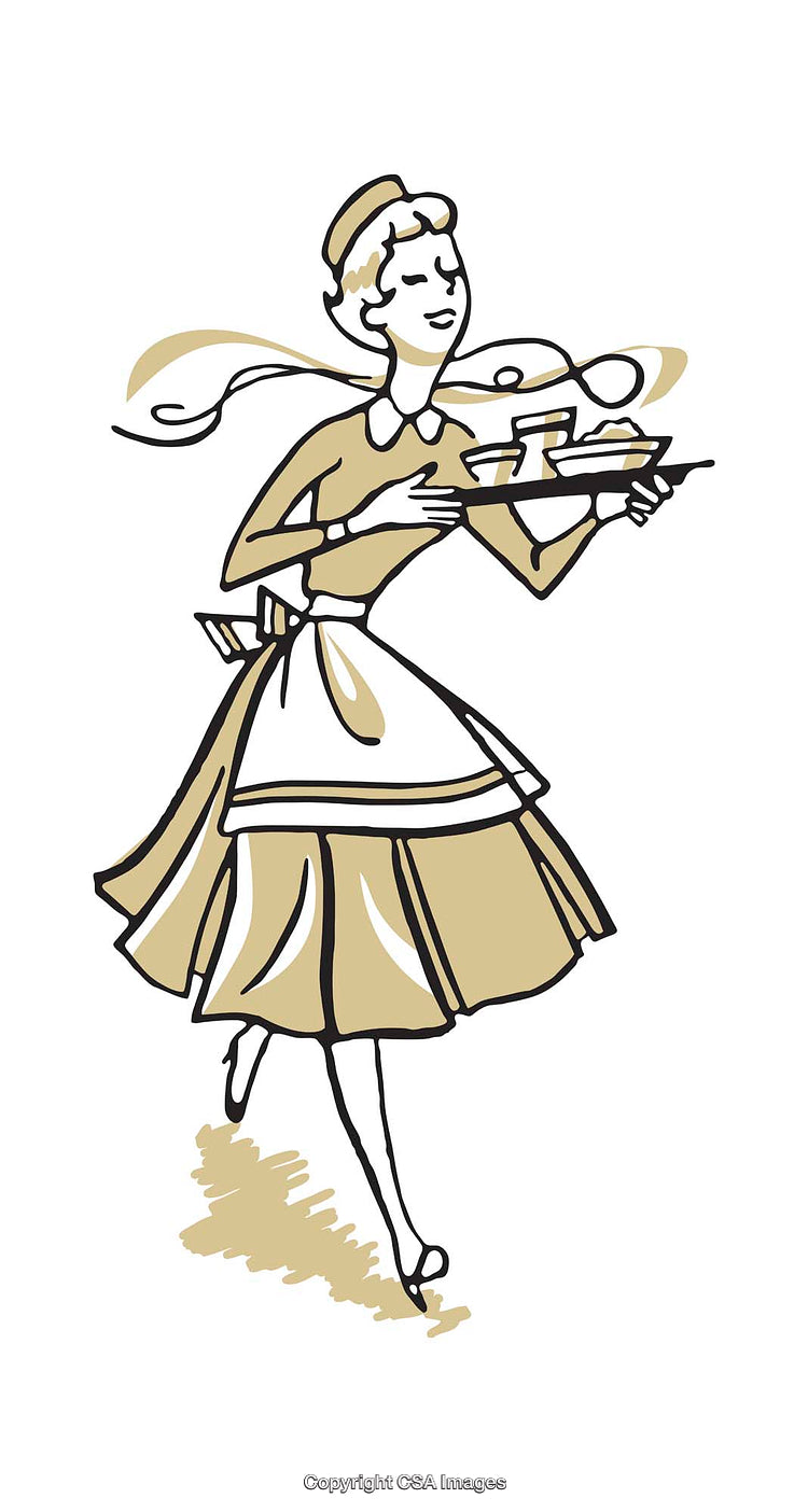 Retro Illustration of a Cheerful Waitress Balancing a Tray with Teacups