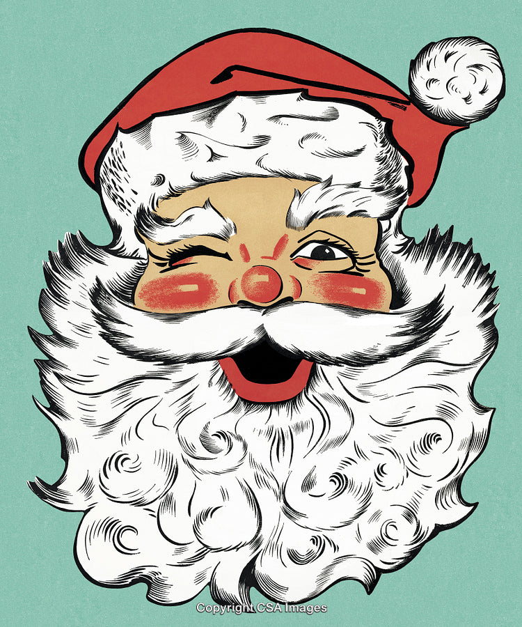 Vintage Santa Claus Illustration With Winking Expression and Red Santa Hat