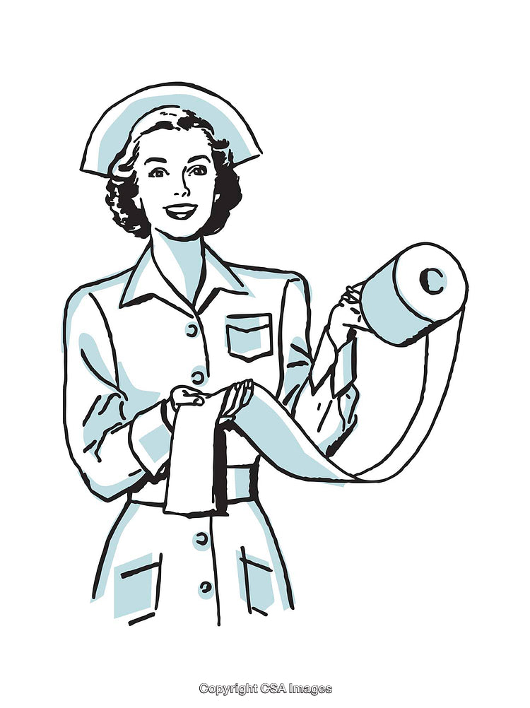Retro Style Nurse with Paper Roll in Hand Depiction