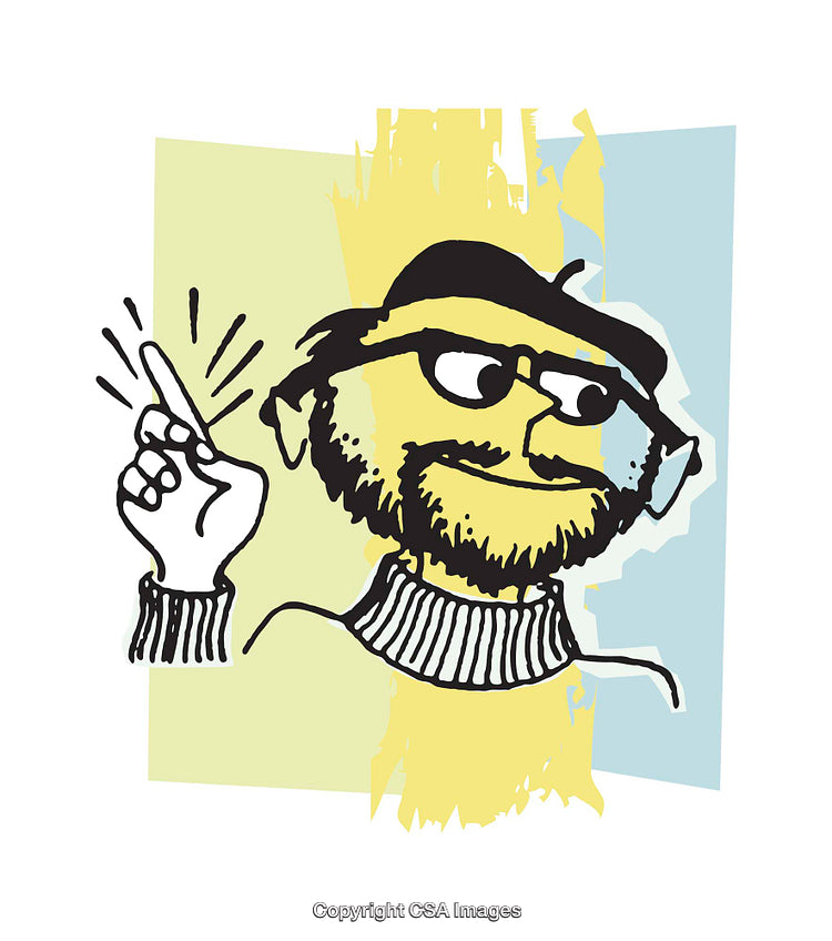 Colorful Illustration of a Smiling Individual Pointing Upwards with Playful Style