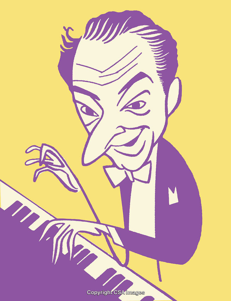 Artistic Character Playing Piano in Stylized Line Art Illustration