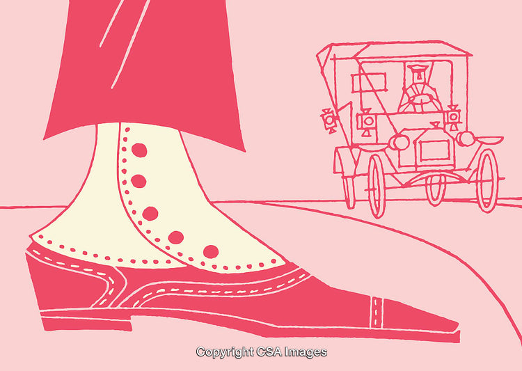 Illustrated Vintage Shoe and Classic Car on Pink Background