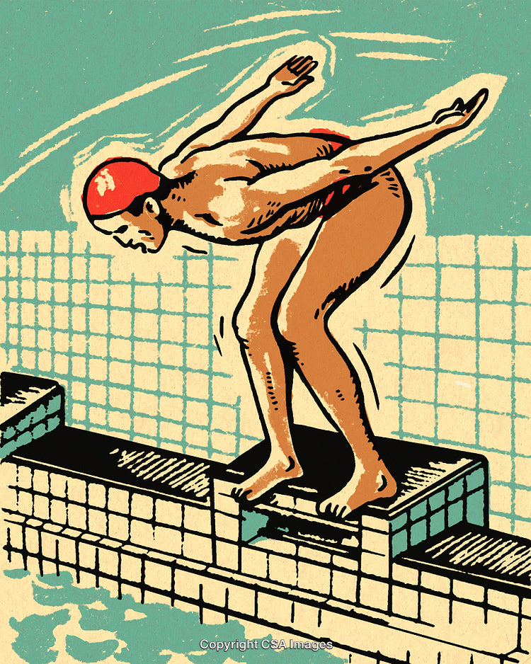 Vintage Style Illustration of Swimmer Poised on a Starting Block