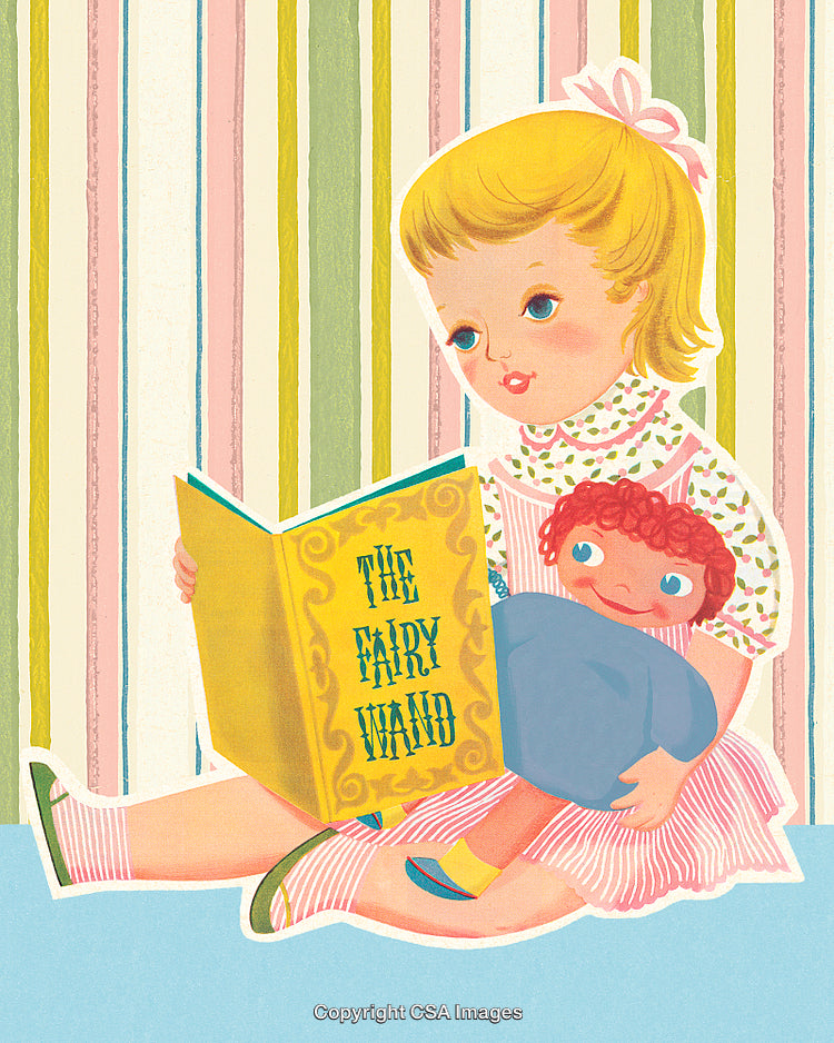 Little Girl Reading a Fairy Tale Book While Holding a Doll