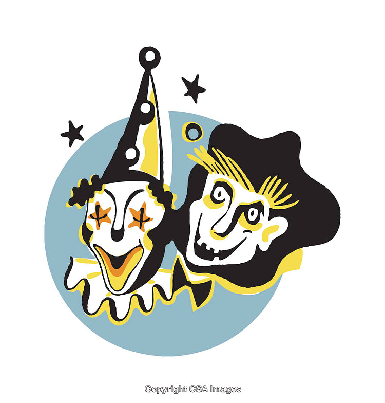 Whimsical Clown Faces in Colorful Artistic Cartoon Illustration