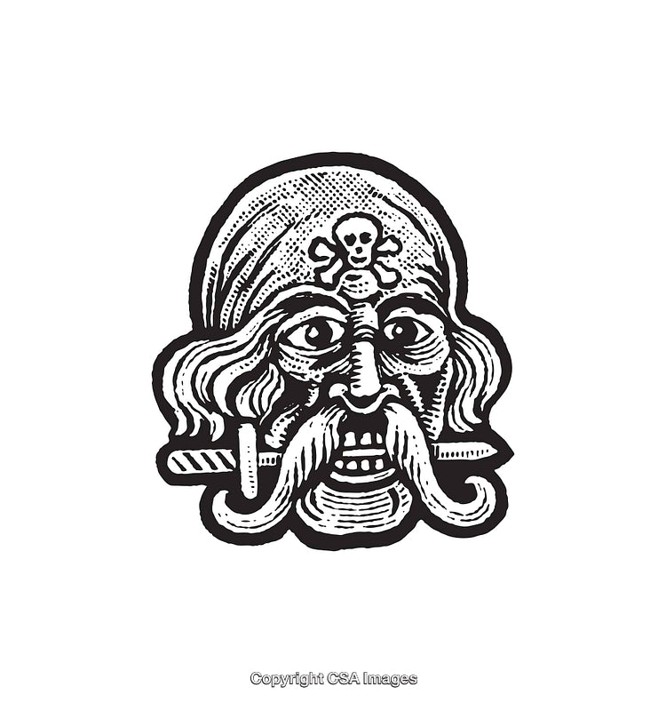 Black and White Pirate Skull Illustration with Stylish Details
