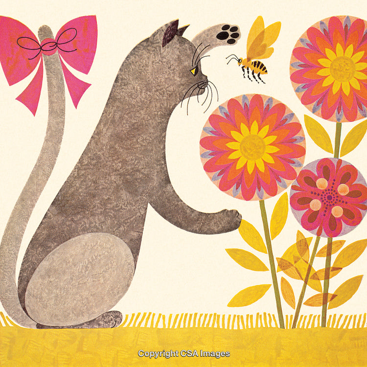 Charming Cat Interacting with Vibrant Flowers and a Curious Bee