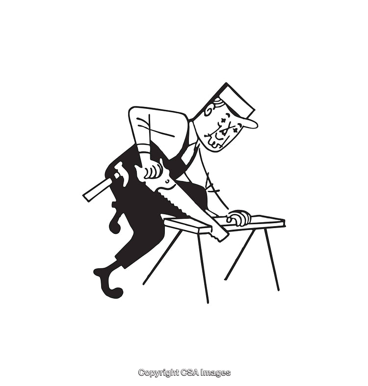 Black and White Line Art of a Carpenter Sawing Wood on Sawhorse