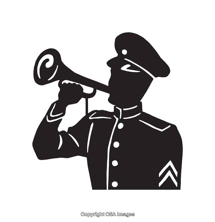 Silhouette of Military Bugler Playing a Trumpet in Black and White Illustration