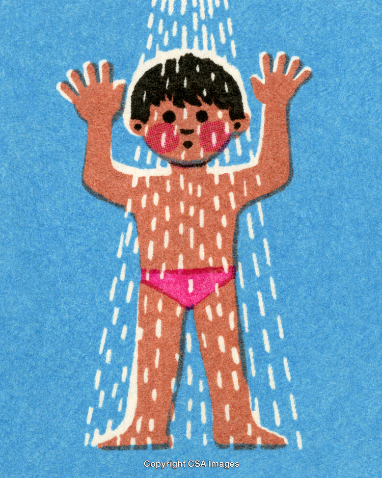 Illustration of a Child Showering with Joyful Expression and Playful Vibes