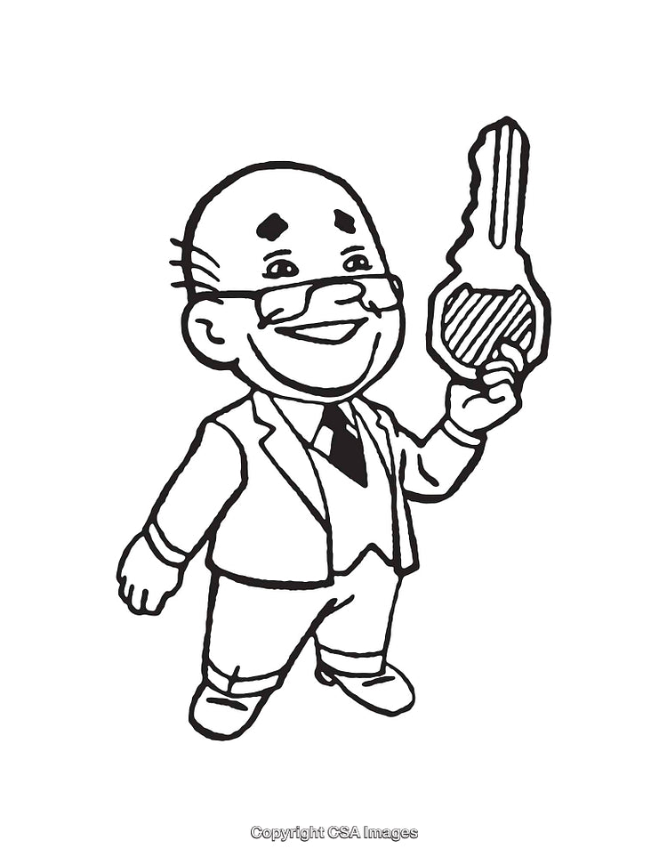 Cartoon Character Holding a Key in Black and White Line Art