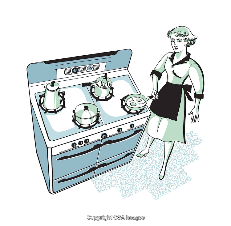 Retro Illustration of a Woman Cooking Using a Vintage Kitchen Stove
