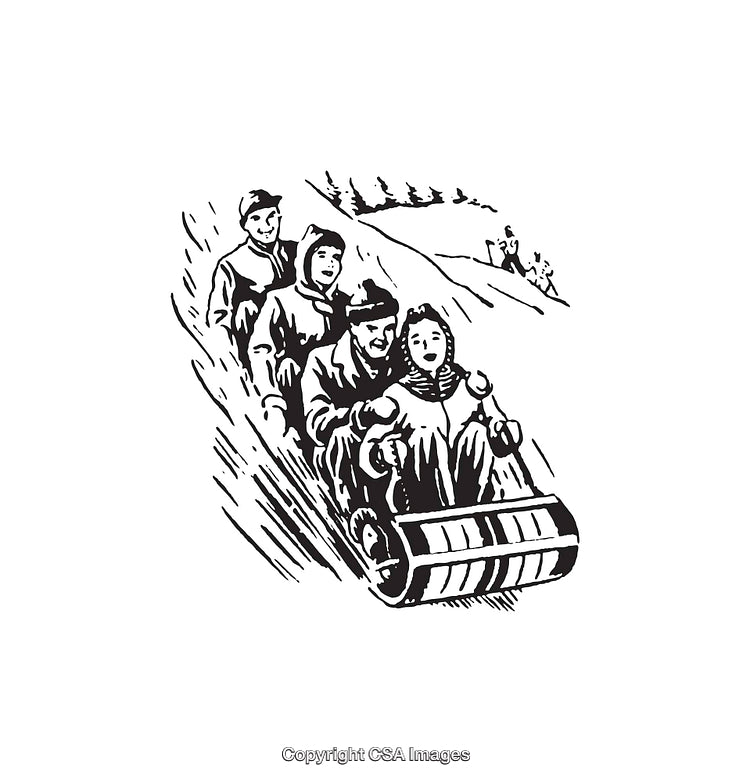 Vintage Line Art of Group Sledding Down a Snowy Slope