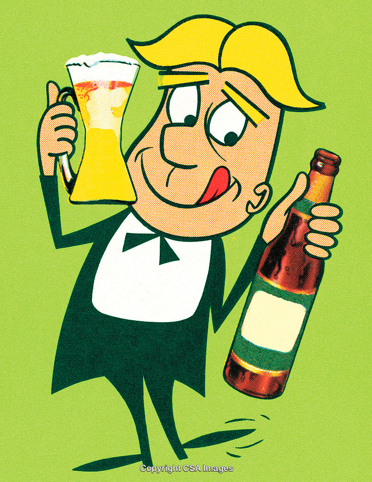 Cartoon Waiter Holding Beer Mug and Bottled Drink on Green Background