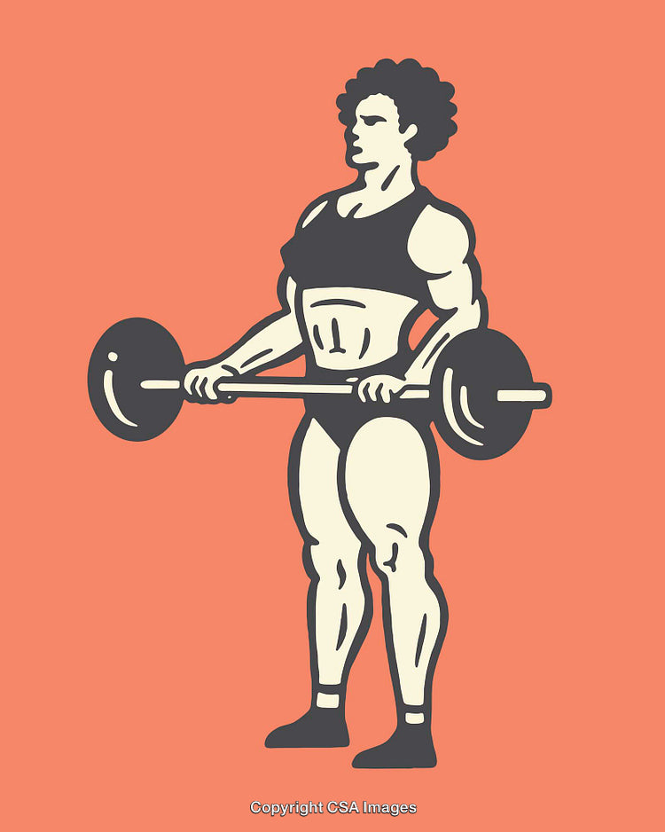 Illustrated Weightlifter Performing Barbell Exercise on Salmon Background
