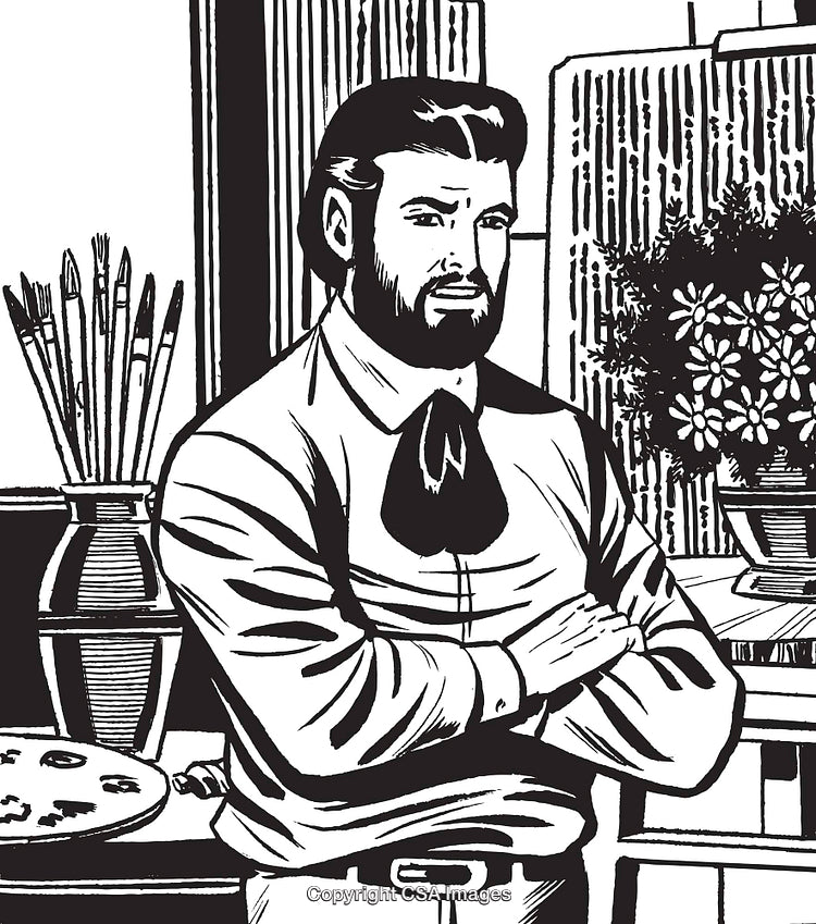 Vintage Illustration of Male Artist Standing Confidently with Studio Background