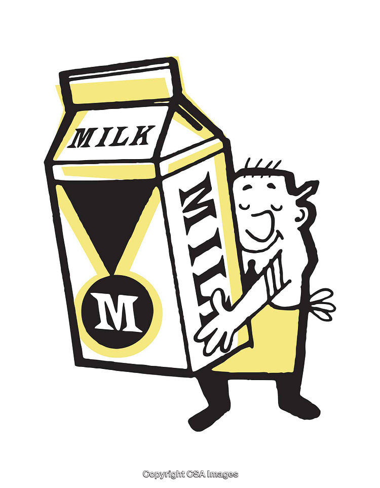 Cartoon Illustration of Man Carrying Large Milk Carton in Retro Style Design