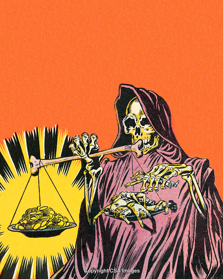 Colorful Comic Illustration of Grim Reaper Balancing Wealth and Life
