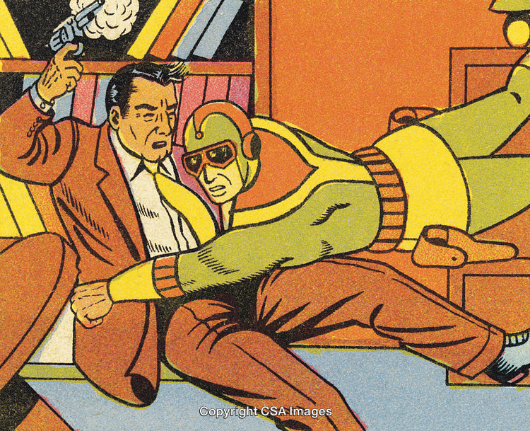 Vintage Comic Action Scene with Superhero and Crime Conflict