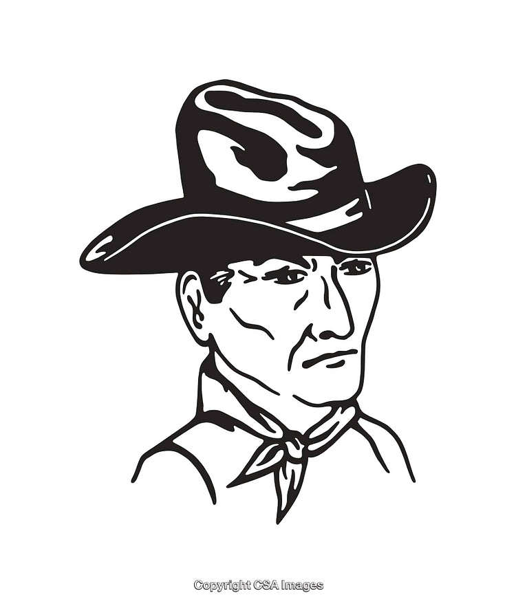 Black and White Line Art of a Cowboy Wearing a Hat and Bandana