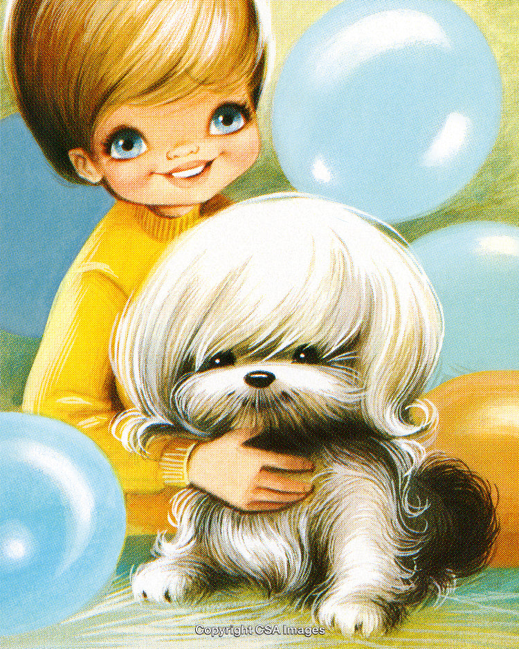 Illustration of a Child Holding a Cute Shih Tzu Dog With Balloons