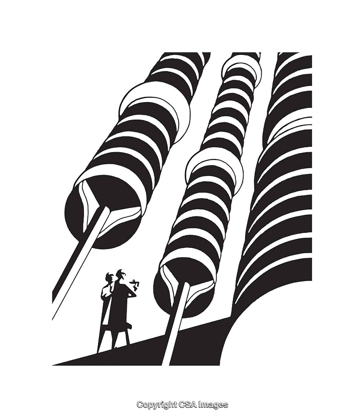 Stylized Black and White Illustration Featuring Innovative Industrial Elements