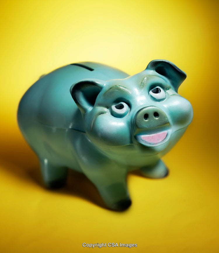 Blue Plastic Piggy Bank on Vibrant Yellow Background
