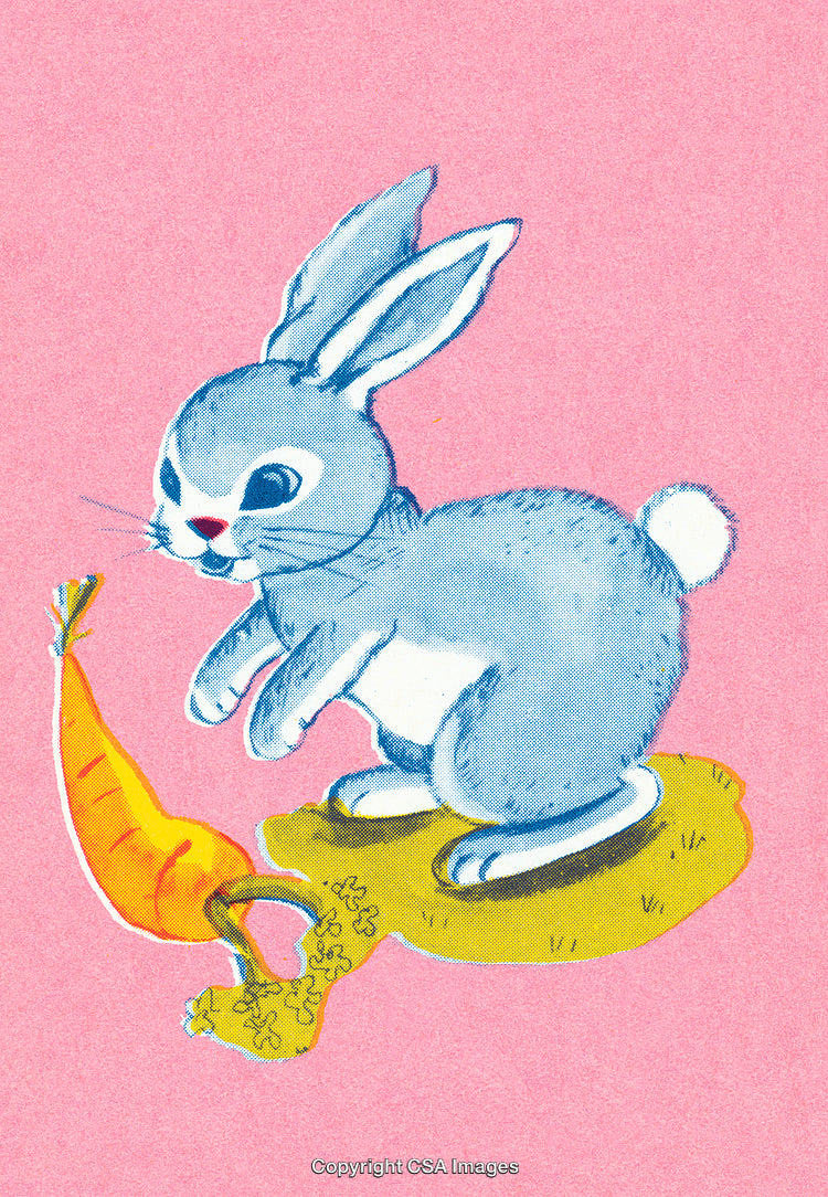 Cute Blue Rabbit Illustration with Carrot on Pink Background