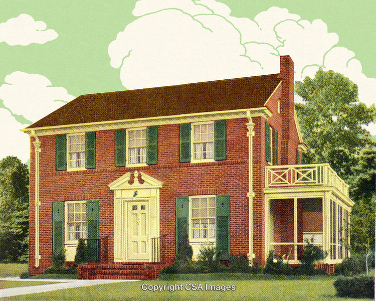 Classic Two-Story Red Brick House With Green Shutters and White Trim