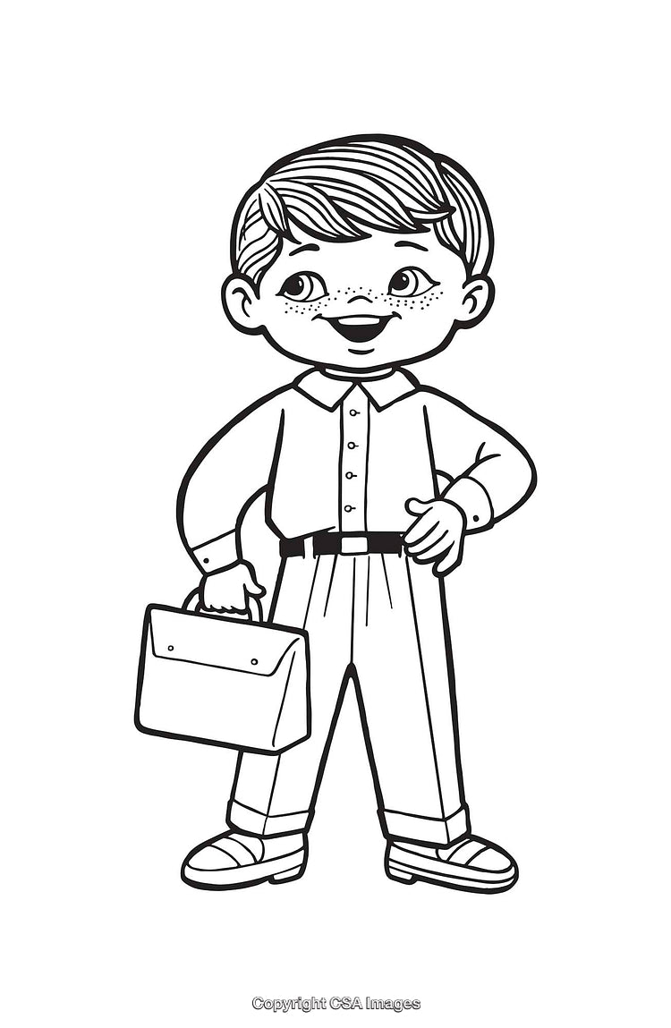 Black and White Illustration of a Boy with a Briefcase