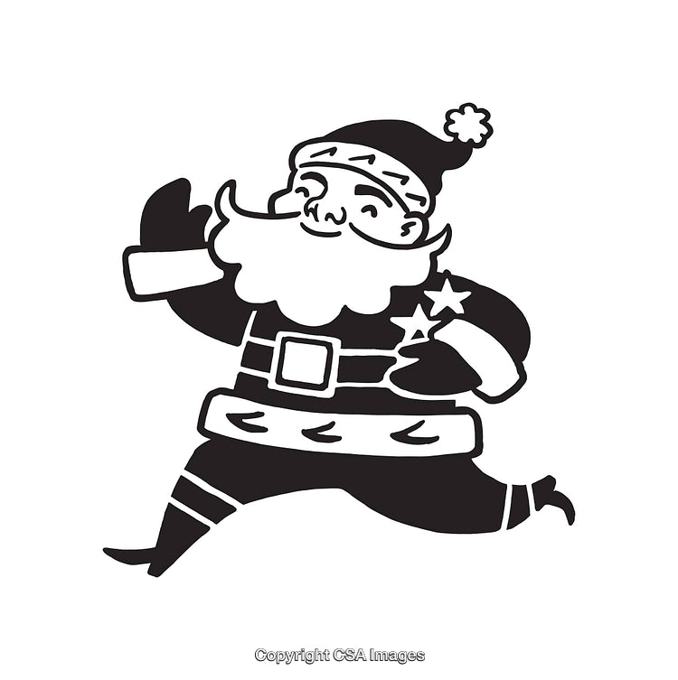 Black and White Line Art of Santa Claus Running with Joy