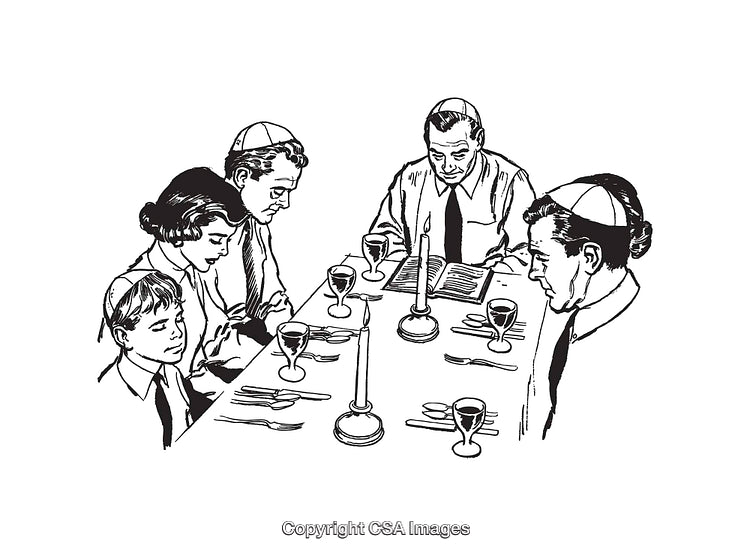 Family Observing Religious Tradition at a Dinner Table in Line Art Style
