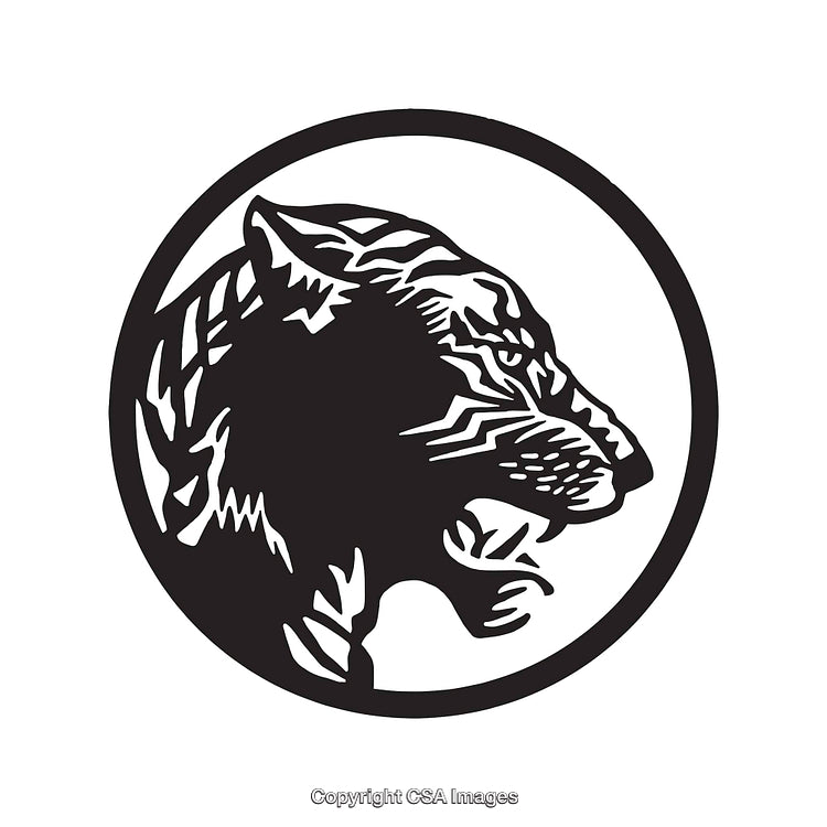 Black and White Line Art of Tiger Profile Enclosed in Circle Emblem