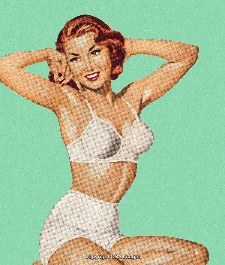 Retro Styled Artwork of Happy Woman in Classic Lingerie Posing Cheerfully
