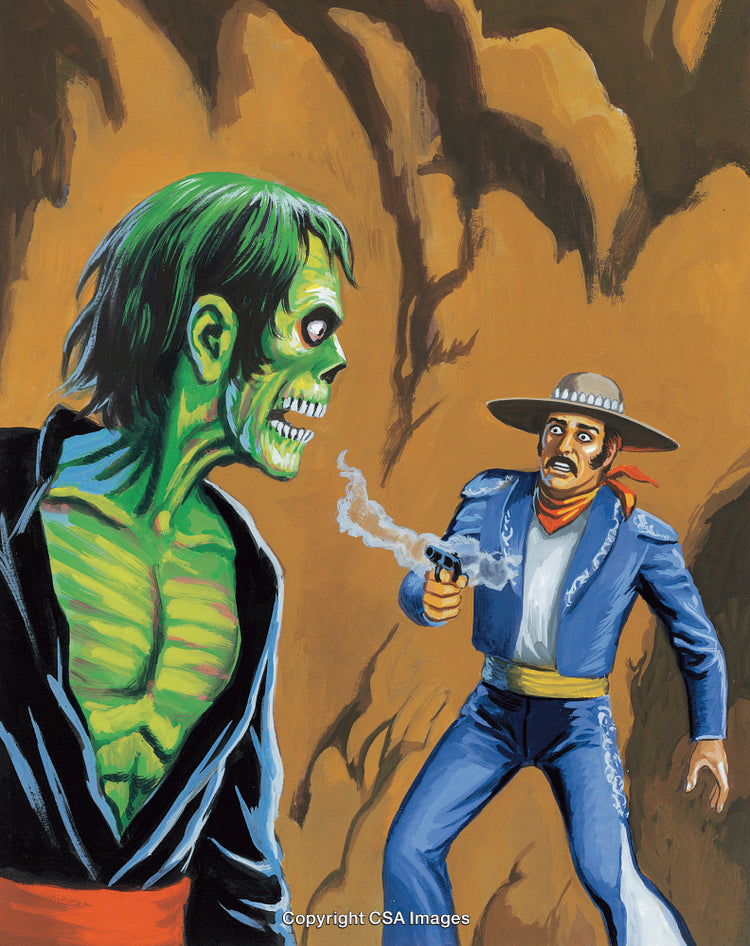 Cowboy Facing a Zombie in a Dramatic Cave Scene