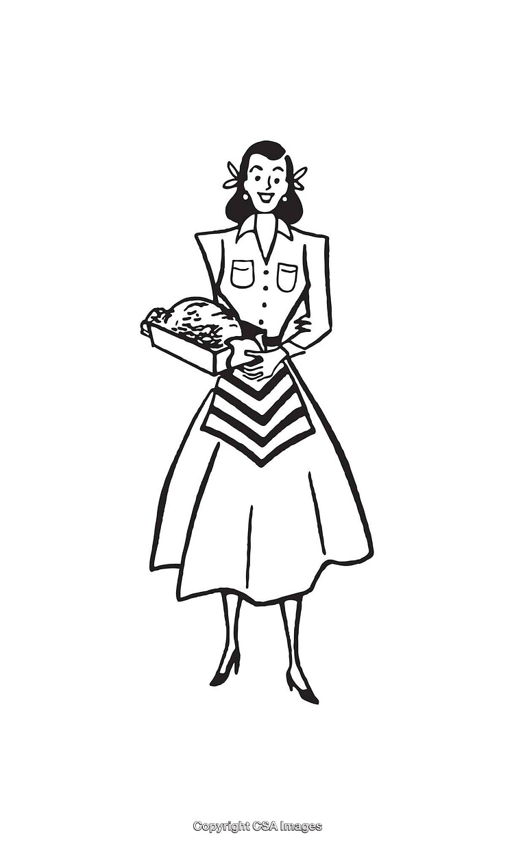 Vintage Line Art Illustration of a Woman Holding a Tray with Food