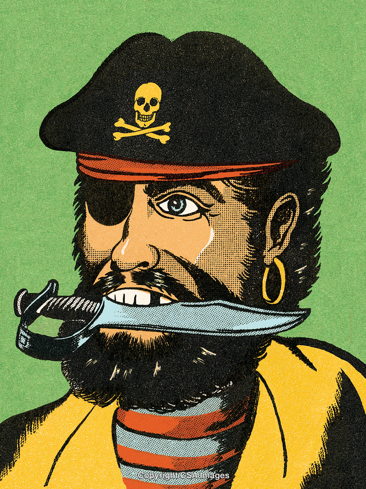 Vintage Comic Illustration of a Fierce Blackbeard Pirate with Sword and Patch
