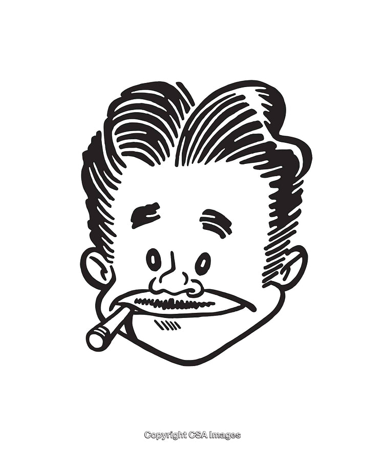 Vintage Black and White Cartoon of a Smiling Face with a Cigarette
